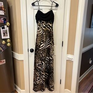 Vintage Y2K Satin Ruffle Ruched Animal Print Maxi Dress Glamour Event Women’s 6